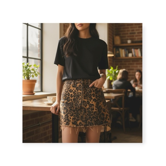 new Etiquette Boutique ☀︎︎ Denim Mini Skirt ☀︎︎ Wild Leopard Print ☀︎︎ Raw Hem - Picture 1 of 16